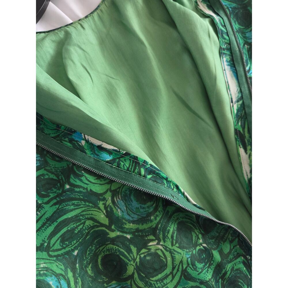 Vintage 60s Mod Psychedelic Swirl Dress Small Pockets Raw Silk Shantung Green - Picture 5 of 10